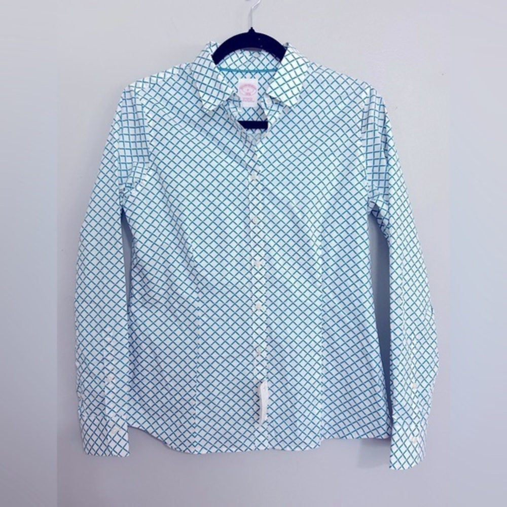 Brooks Brothers Teal & White Geometric Tailored Fit Cotton Blouse Size 6